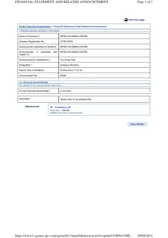 FINANCIAL STATEMENT AND RELATED ANNOUNCEMENT  Page 1 of 1