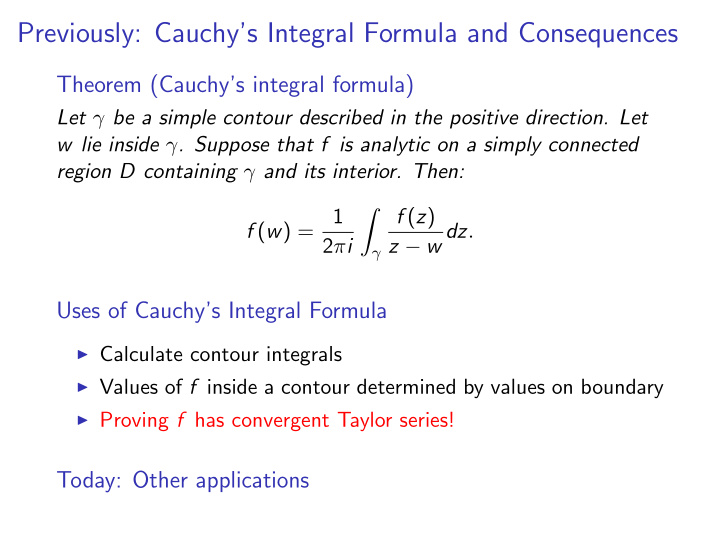 previously cauchy s integral formula and consequences