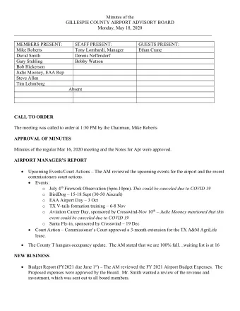 Minutes of the  GILLESPIE COUNTY AIRPORT ADVISORY BOARD  Monday, May 18, 2020