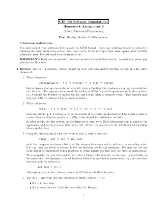 CIS 500 Software Foundations  Homework Assignment 3  OCaml, Functional Programming Due: Monday,