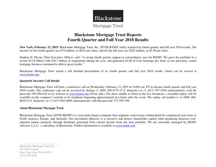 blackstone mortgage trust reports fourth quarter and full