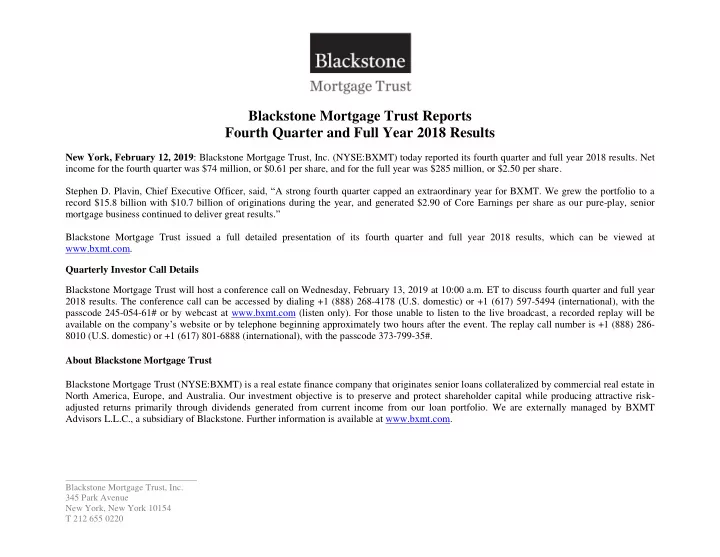 blackstone mortgage trust reports fourth quarter and full