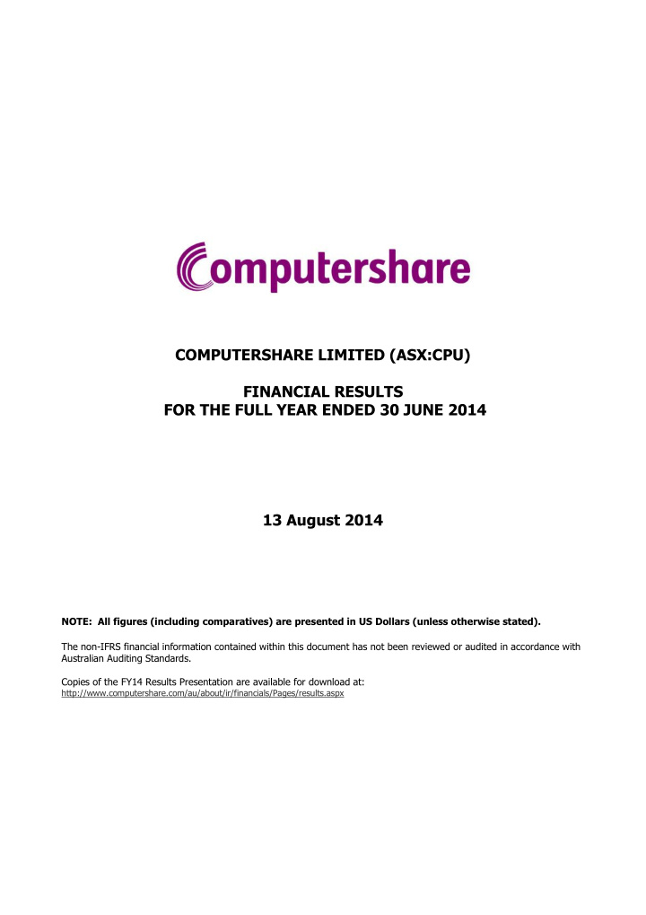 computershare limited asx cpu financial results for the