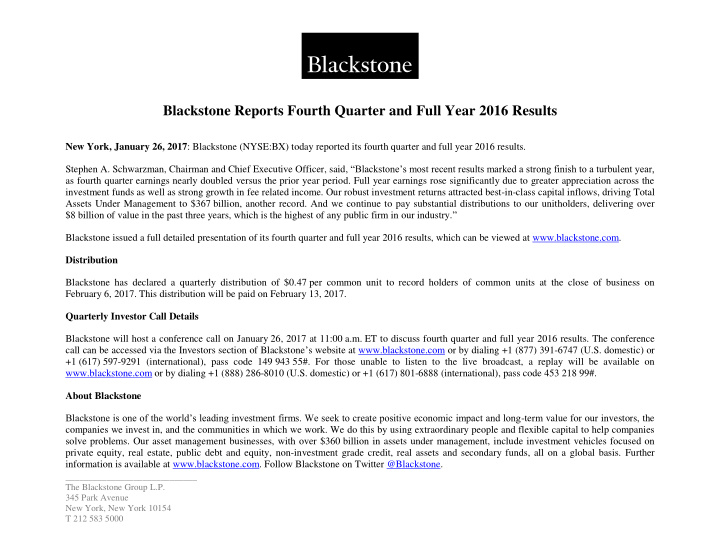 blackstone reports fourth quarter and full year 2016