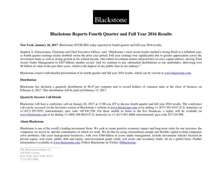 blackstone reports fourth quarter and full year 2016