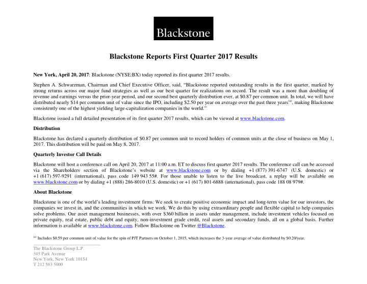 blackstone reports first quarter 2017 results