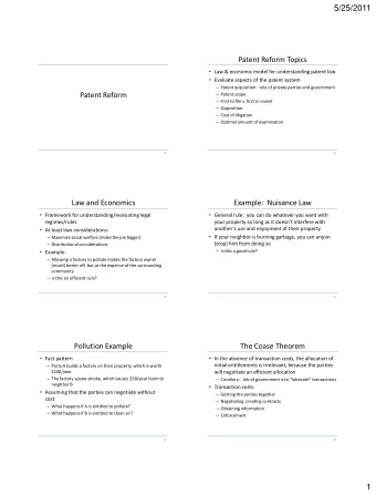 5/25/2011  Patent Reform Topics  Law &amp; economic model for understanding patent law
