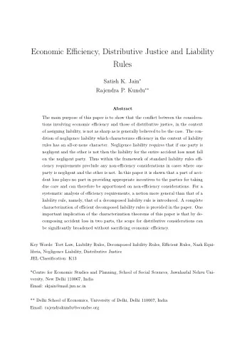 Economic Efficiency, Distributive Justice and Liability  Rules Satish K. Jain  Rajendra P. Kundu