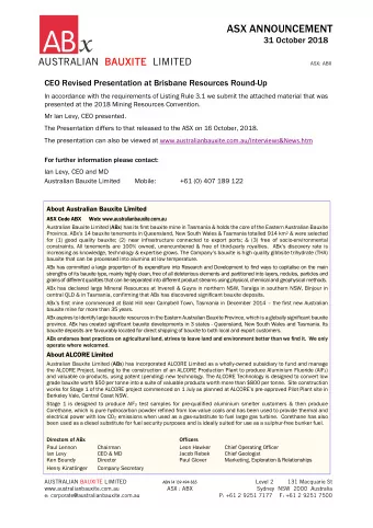 ASX ANNOUNCEMENT  31 October 2018 AUSTRALIAN BAUX BAUXITE LIMITED  ASX: ABX  CEO Revised