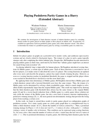 Playing Pushdown Parity Games in a Hurry  (Extended Abstract)  Wladimir Fridman  Martin Zimmermann