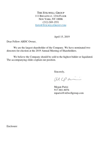 T HE S TILWELL G ROUP 111 B ROADWAY , 12 TH F LOOR N EW Y ORK , NY 10006 (212) 269-1551 I NFO @S