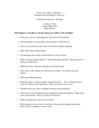 Every voice makes a difference:  Frontline Library Employee Advocacy  2010 PLA Conference