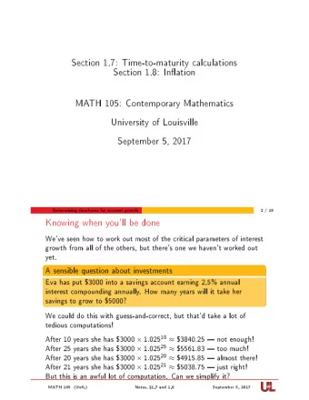 Section 1.7: Time-to-maturity calculations  Section 1.8: Ination  MATH 105: Contemporary