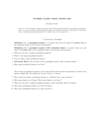 NUMBER GAMES, SMMG SPRING 2020  RICHARD WONG Abstract. We will explore and play with some of the