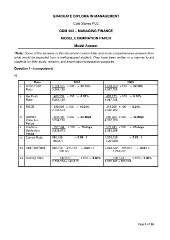GRADUATE DIPLOMA IN MANAGEMENT  Cold Stores PLC GDM 403  MANAGING FINANCE  MODEL EXAMINATION