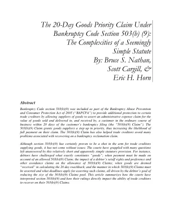 The 20-Day Goods Priority Claim Under  Bankruptcy Code Section 503(b) (9):  The Complexities of a
