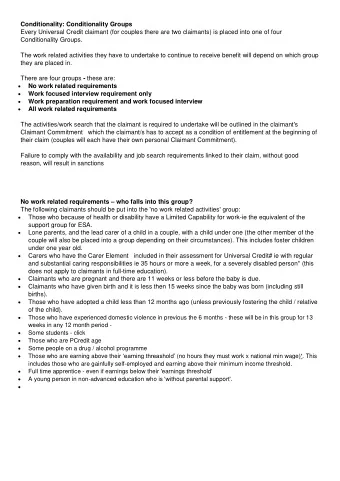 Conditionality: Conditionality Groups  Every Universal Credit claimant (for couples there are two