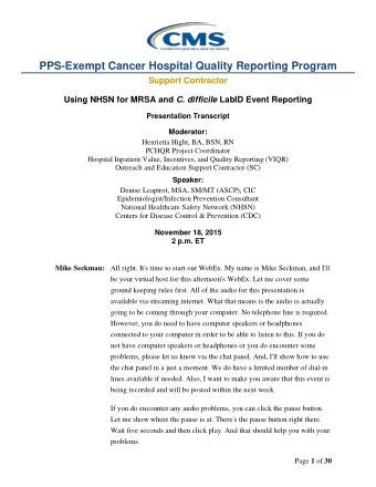PPS-Exempt Cancer Hospital Quality Reporting Program  Support Contractor Using NHSN for MRSA and C.