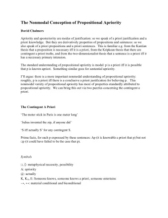The Nonmodal Conception of Propositional Apriority  David Chalmers  Apriority and aposteriority are