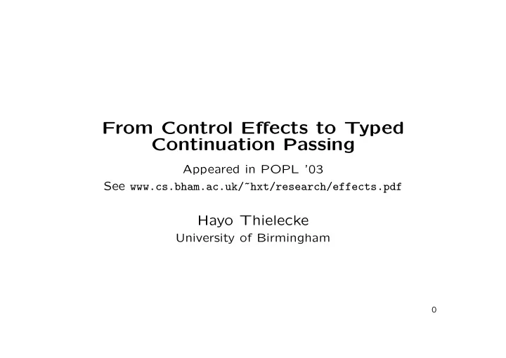 from control effects to typed continuation passing