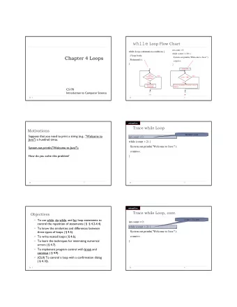 Trace while Loop, cont.  Trace while Loop, cont.  Print Welcome to Java  Print Welcome to Java  int