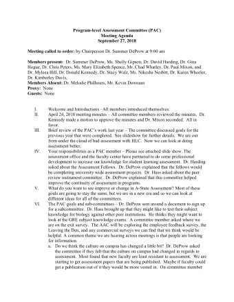 Program-level Assessment Committee (PAC)  Meeting Agenda  September 27, 2018 Meeting called to