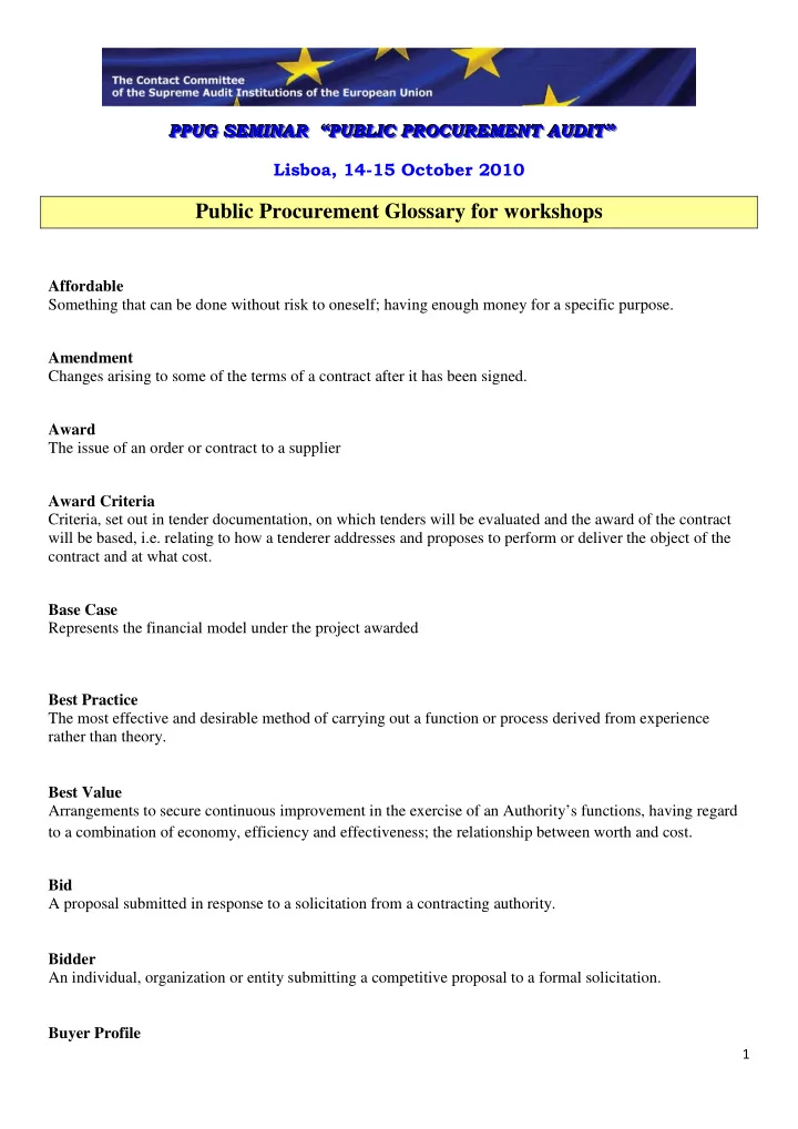 public procurement glossary for workshops