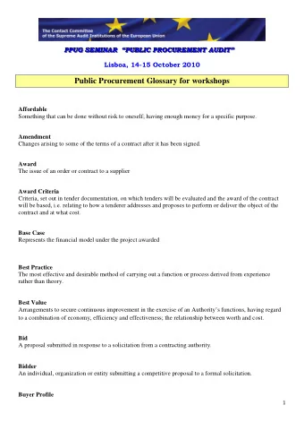 Public Procurement Glossary for workshops  Affordable  Something that can be done without risk to