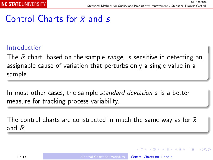 control charts for x and s