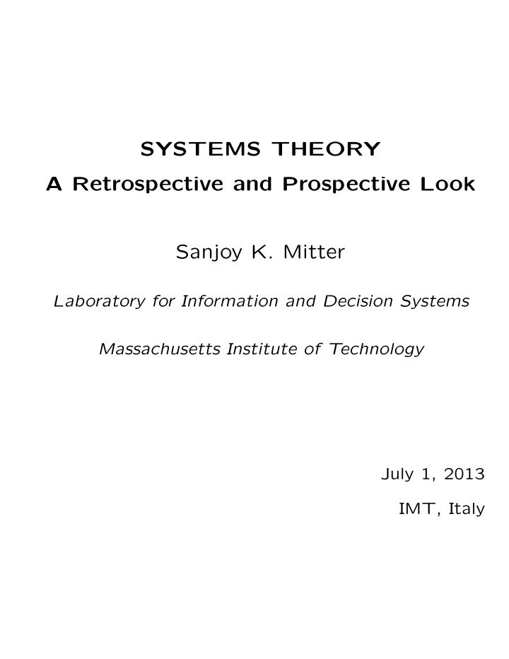 systems theory a retrospective and prospective look