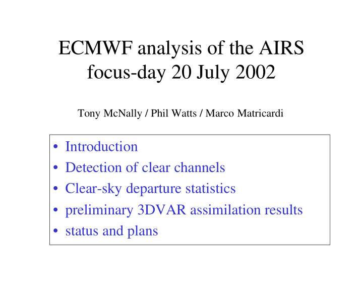 ecmwf analysis of the airs focus day 20 july 2002