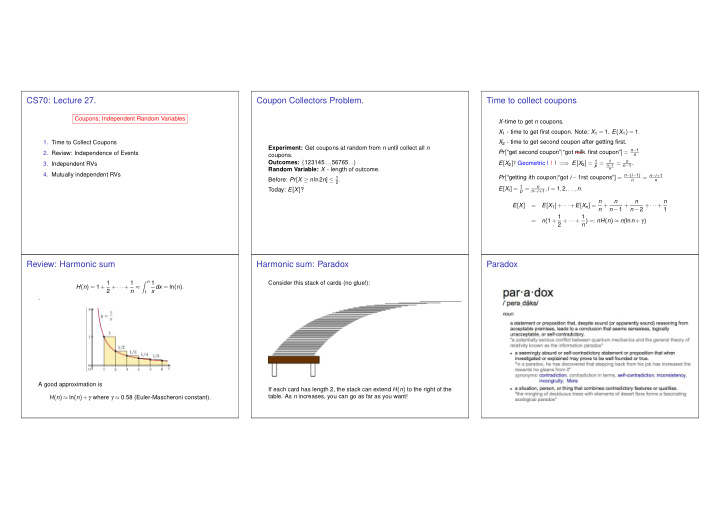 cs70 lecture 27 coupon collectors problem time to collect