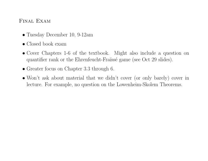 final exam tuesday december 10 9 12am closed book exam