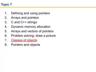 Topic 7  1.  Defining and using pointers  2.  Arrays and pointers  3.  C and C++ strings  4.