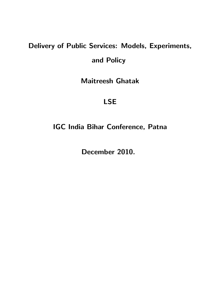 delivery of public services models experiments and policy