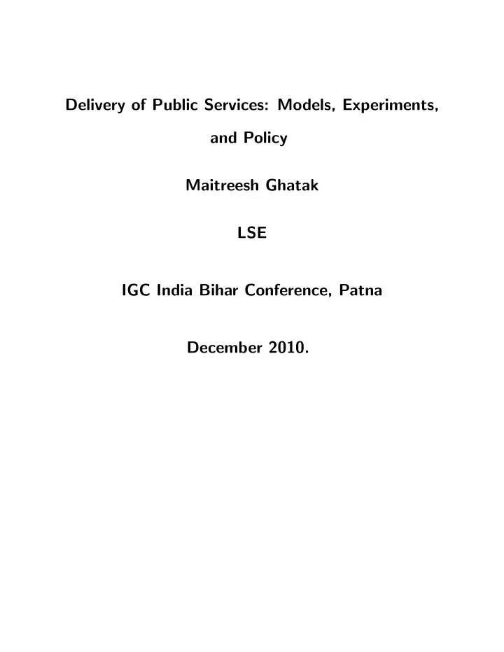 delivery of public services models experiments and policy