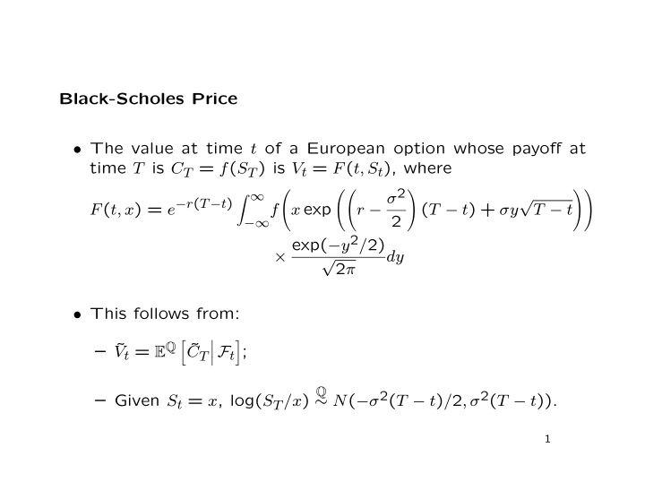 black scholes price the value at time t of a european