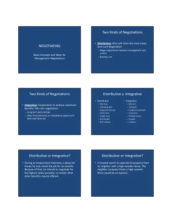 Two Kinds of Negotiations  Distributive: Who will claim the most value;  NEGOTIATING Zero