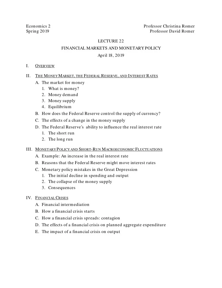 economics 2 professor christina romer spring 2019