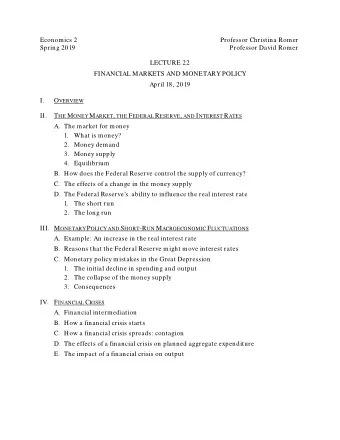 Economics 2  Professor Christina Romer  Spring 2019  Professor David Romer  LECTURE 22  FINANCIAL
