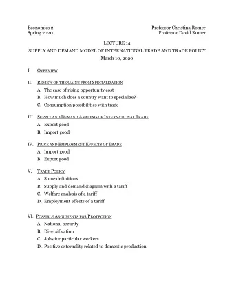 Economics 2  Professor Christina Romer  Spring 2020  Professor David Romer  LECTURE 14  SUPPLY AND