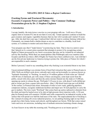 NESAWG 2015 It Takes a Region Conference  Fracking Farms and Fractured Movements:  Excessive