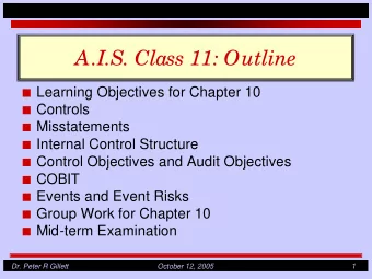 A.I.S. Class 11: Outline I Learning Objectives for Chapter 10 I Controls I Misstatements I Internal