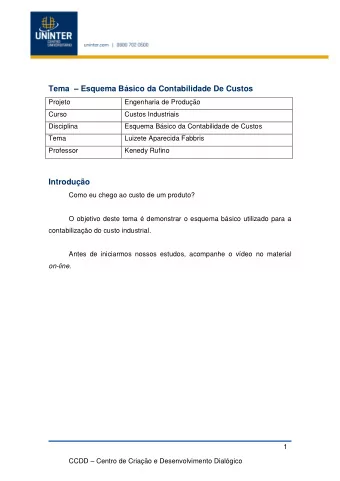 Tema  Esquema Bsico da Contabilidade De Custos  Projeto  Engenharia de Produo  Curso