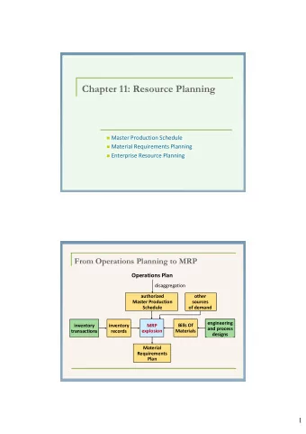 Chapter 11: Resource Planning  Master Production Schedule  Material Requirements Planning
