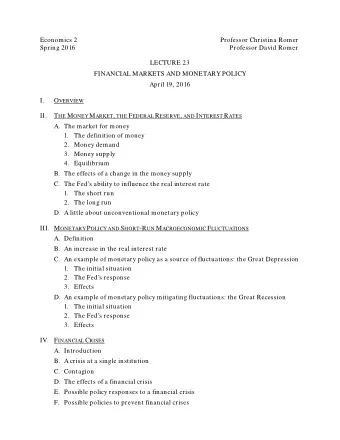 Economics 2  Professor Christina Romer  Spring 2016  Professor David Romer  LECTURE 23  FINANCIAL