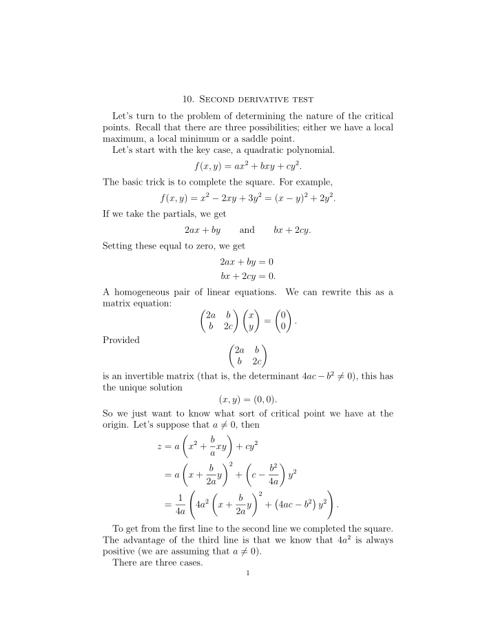 10 second derivative test let s turn to the problem of