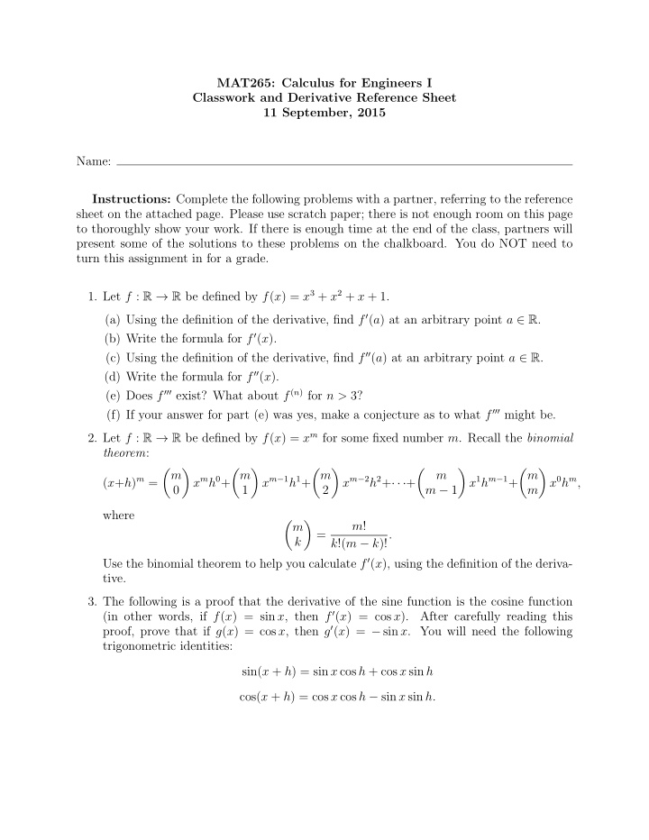 mat265 calculus for engineers i classwork and derivative