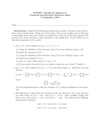 MAT265: Calculus for Engineers I  Classwork and Derivative Reference Sheet  11 September, 2015