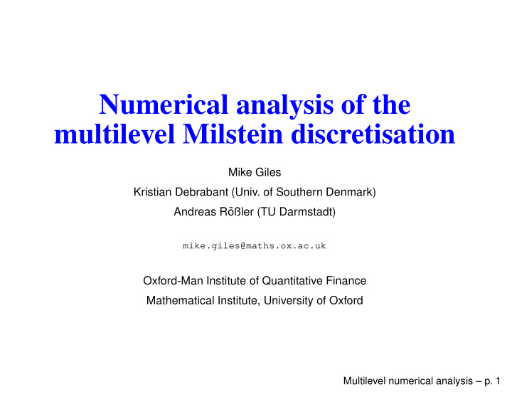 numerical analysis of the multilevel milstein